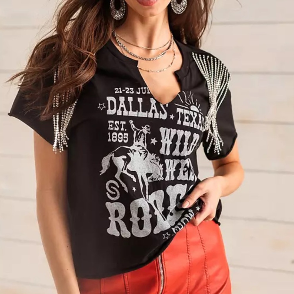 Black rhinestone fringe western t-shirt